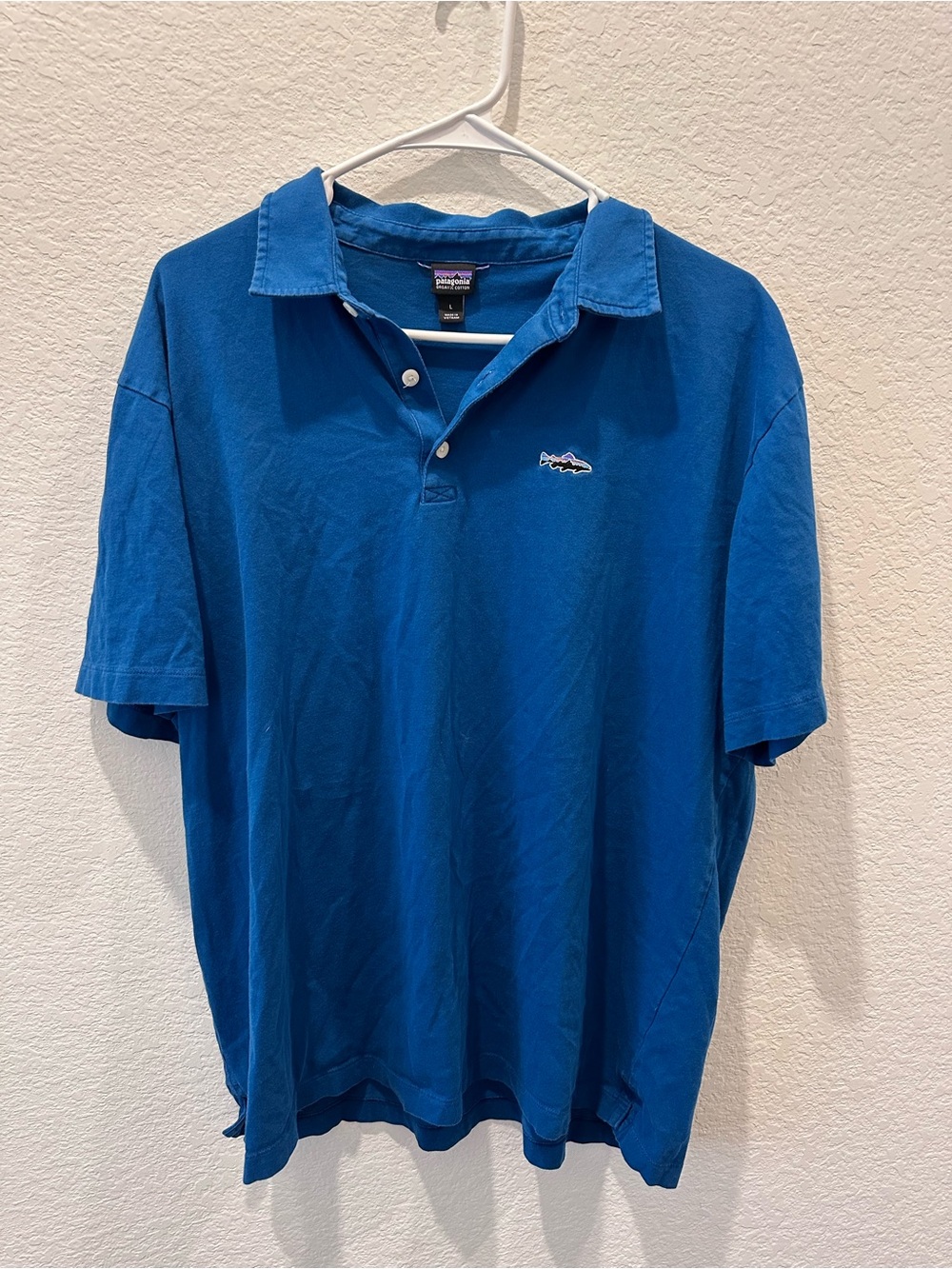Patagonia Mens Organic Cotton Trout Logo Polo Shirt Blue Large Short Sleeve